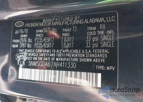 2010 Hyundai Santa Fe Gls from USA, damaged, VIN 5NMSGDAB7AH411330